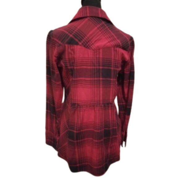 FreeShirt Women's Size Small Red & Black Long Plaid Shirt - Picture 2 of 7